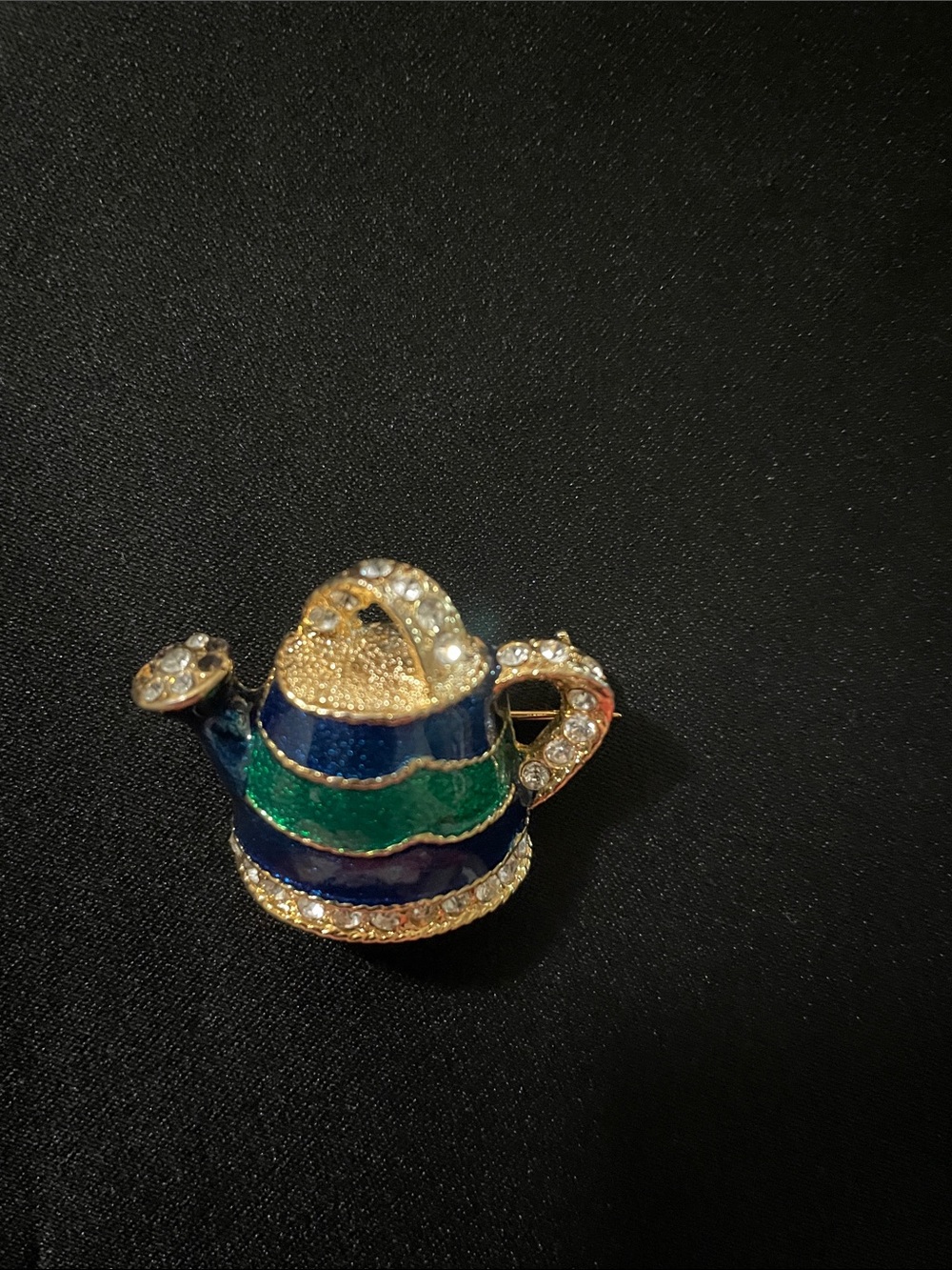 Source Unknown Blue and Green Striped Watering Can Brooch with Rhinestones - Picture 2 of 8